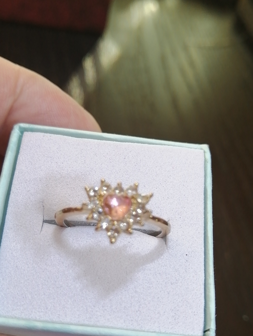 Dainty Delicate pink Crystal Heart Halo  Gold Tone Ring Size 6
